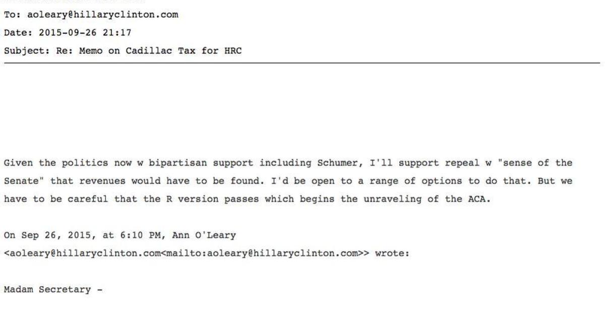 Email Shows That Clinton Seeks 'the Unraveling' of Obamacare