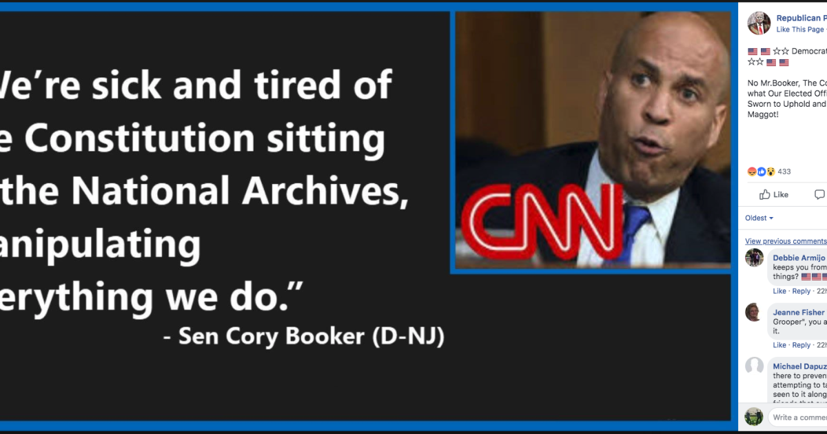 Fact Check: Did Senator Cory Booker Say He Was 'Sick and Tired of the Constitution'?