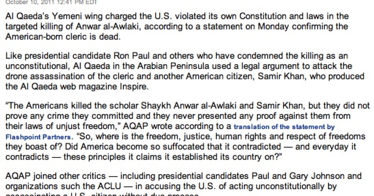 Terrorists Call Awlaki Killing 'Unlawful'