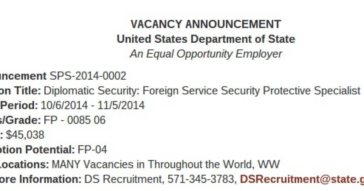 State Dept. Diplomatic Security Jobs: 'MANY Vacancies'