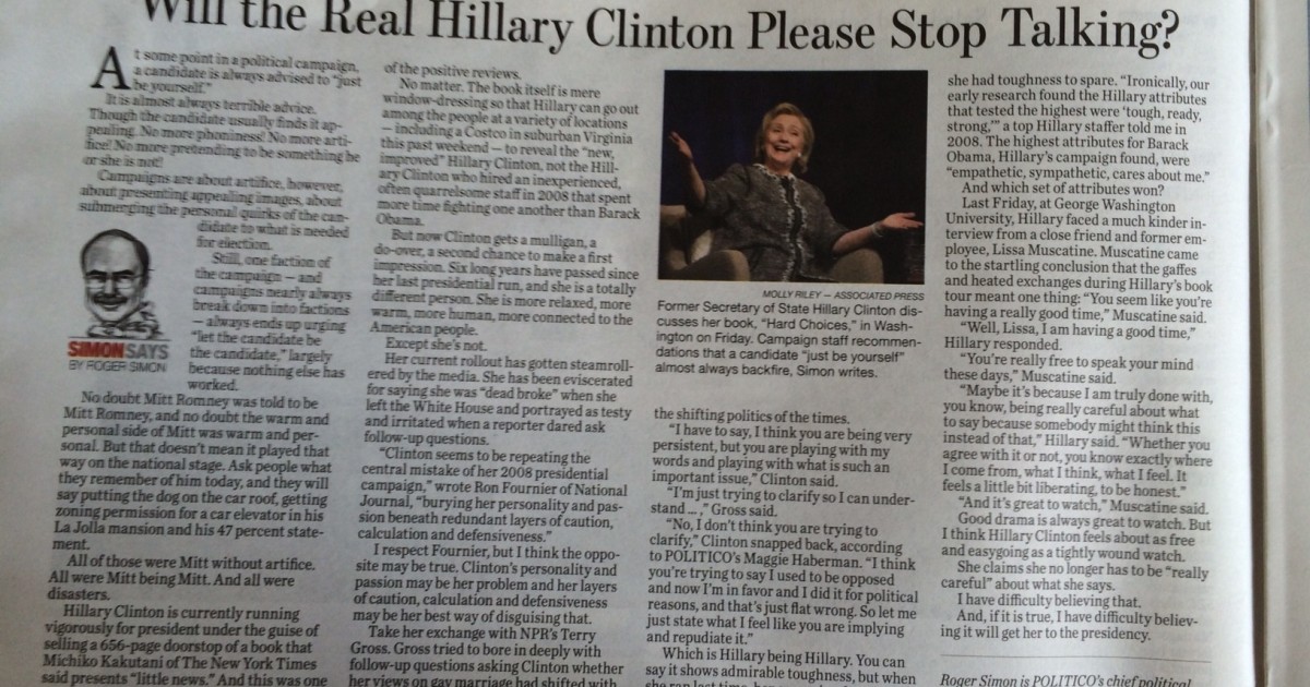 Politico: 'Will the Real Hillary Clinton Please Stop Talking?'